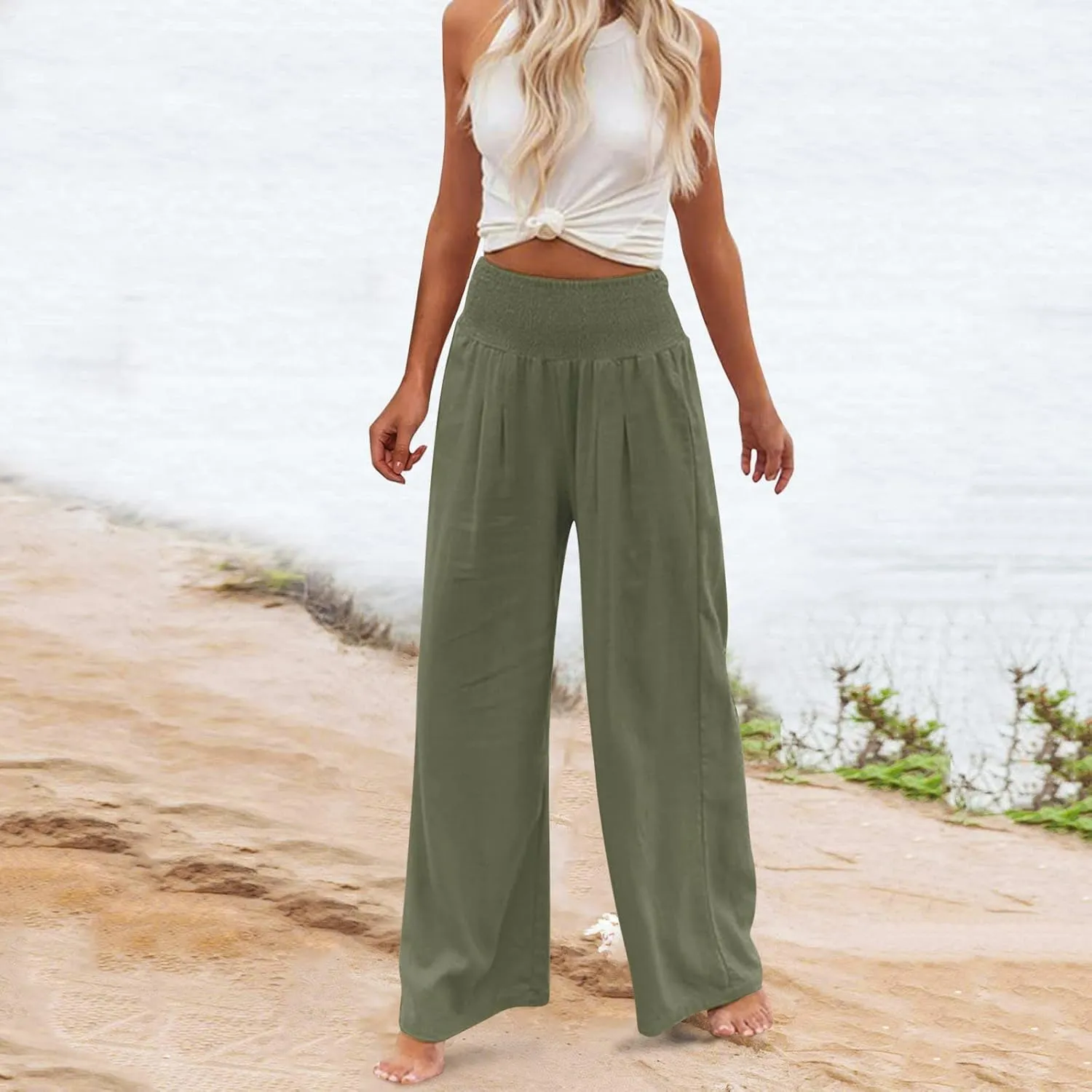 Women's Linen Wide Leg Pants Cotton Elastic High Waisted Palazzo Trousers Summer 2024 Casual Loose Straight Wide Leg Pants