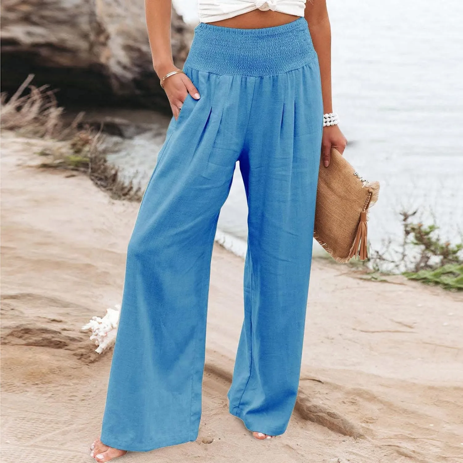 Women's Linen Wide Leg Pants Cotton Elastic High Waisted Palazzo Trousers Summer 2024 Casual Loose Straight Wide Leg Pants