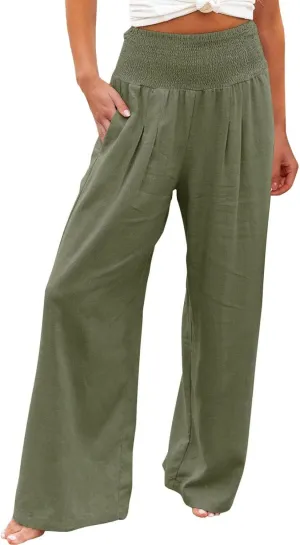 Women's Linen Wide Leg Pants Cotton Elastic High Waisted Palazzo Trousers Summer 2024 Casual Loose Straight Wide Leg Pants