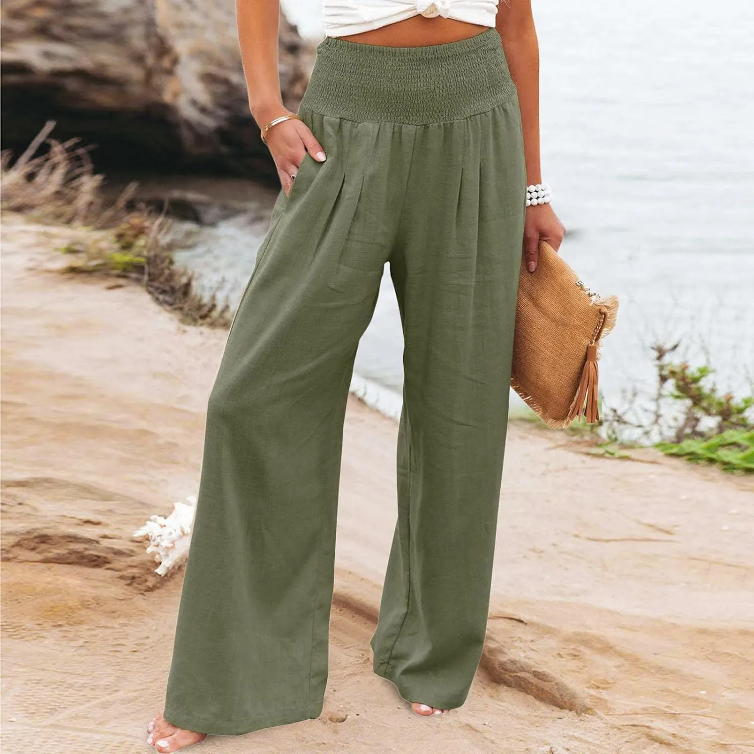 Women's Linen Wide Leg Pants Cotton Elastic High Waisted Palazzo Trousers Summer 2024 Casual Loose Straight Wide Leg Pants