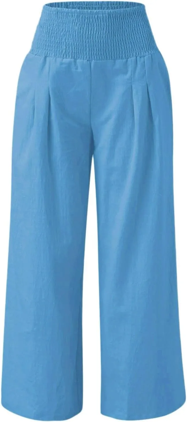Women's Linen Wide Leg Pants Cotton Elastic High Waisted Palazzo Trousers Summer 2024 Casual Loose Straight Wide Leg Pants