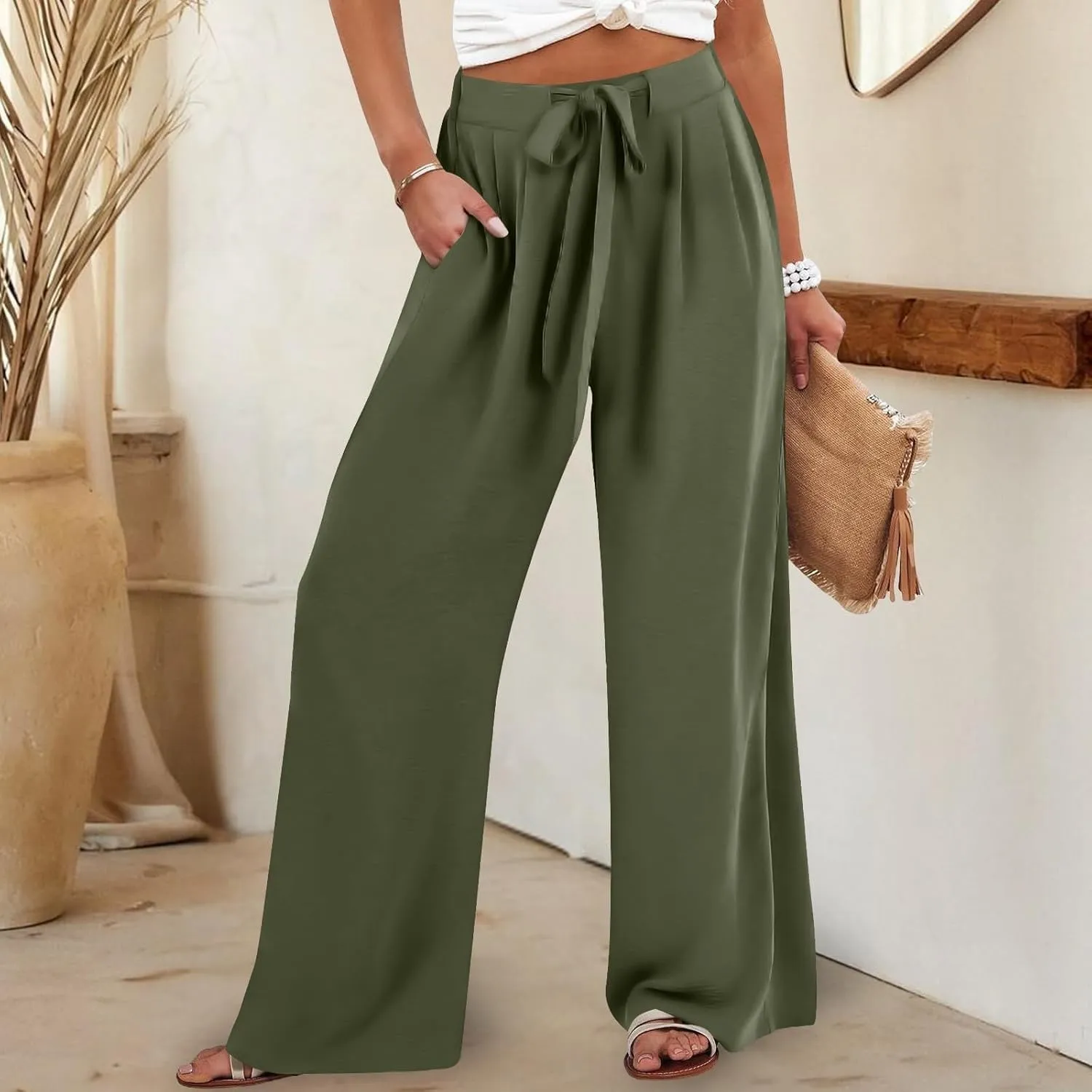 Womens Linene Cotton Pants Drawstring High Waisted Wide Leg Pant Flowy Baggy Summer Trousers with Pockets