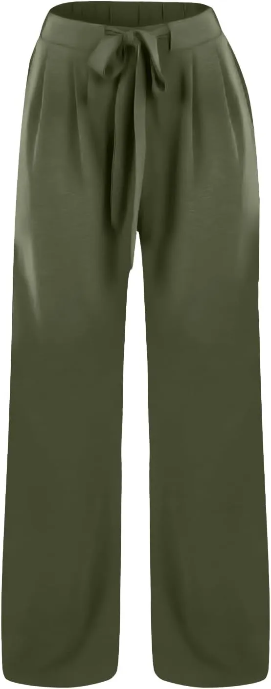 Womens Linene Cotton Pants Drawstring High Waisted Wide Leg Pant Flowy Baggy Summer Trousers with Pockets