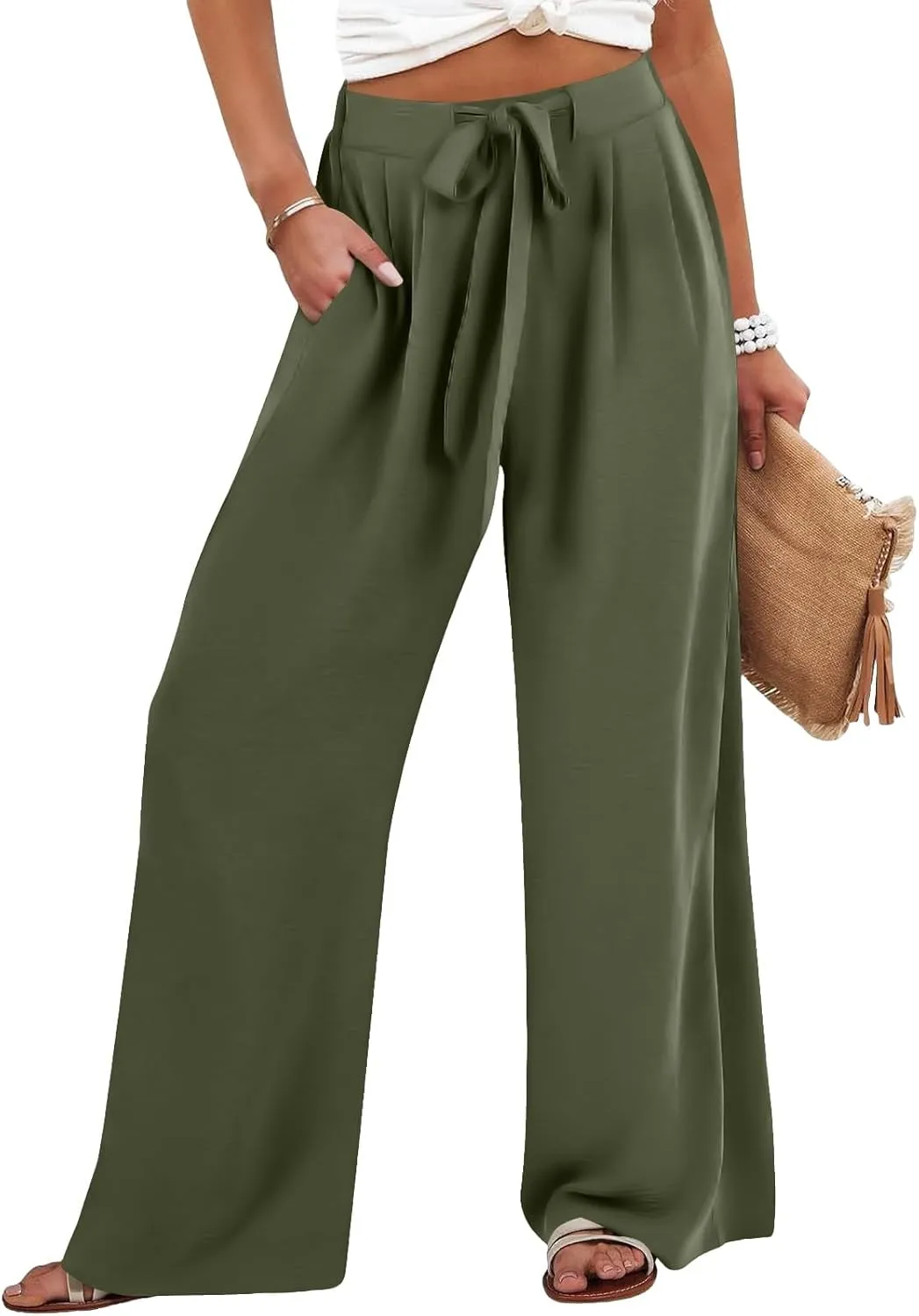 Womens Linene Cotton Pants Drawstring High Waisted Wide Leg Pant Flowy Baggy Summer Trousers with Pockets