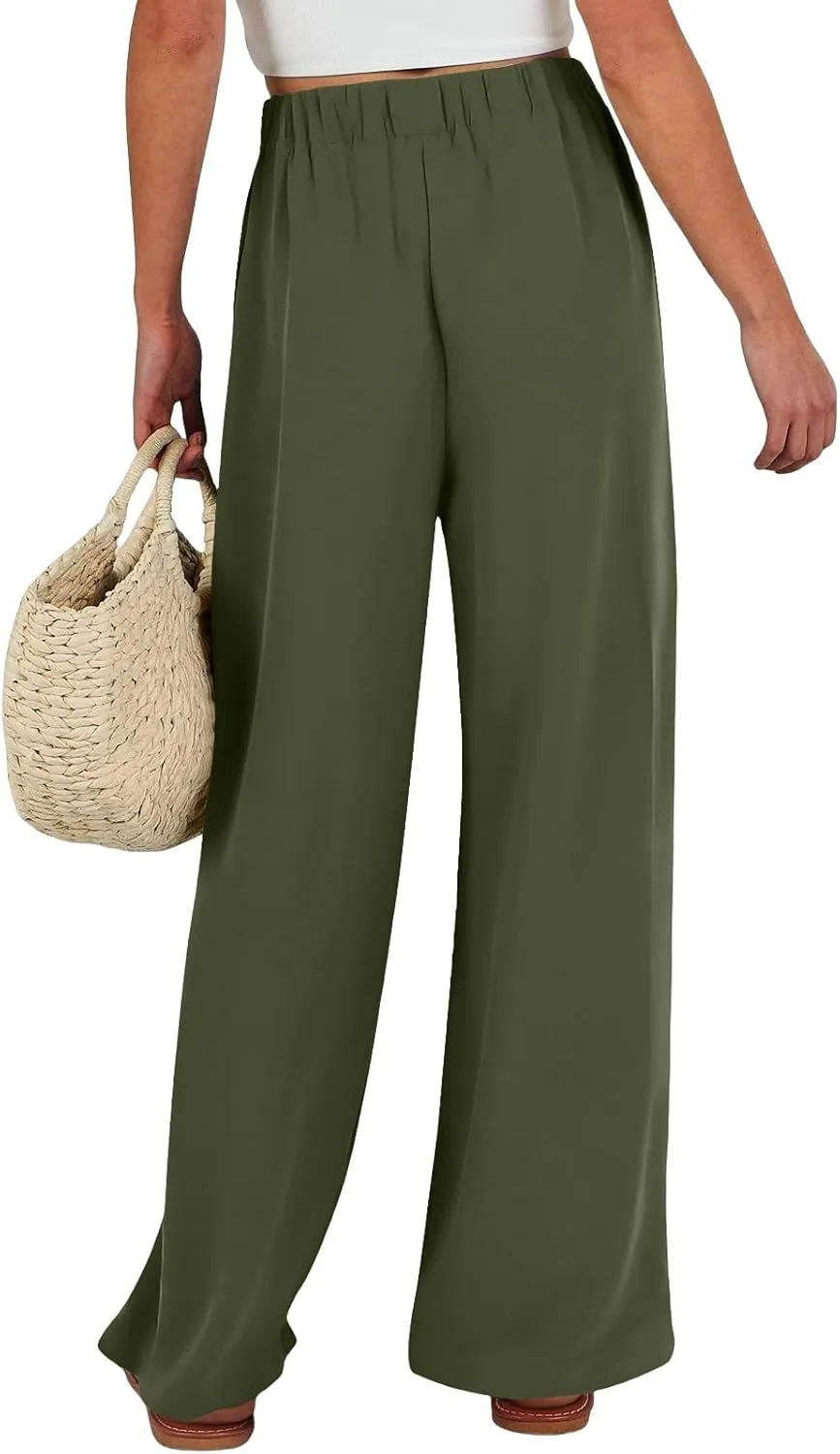 Womens Linene Cotton Pants Drawstring High Waisted Wide Leg Pant Flowy Baggy Summer Trousers with Pockets