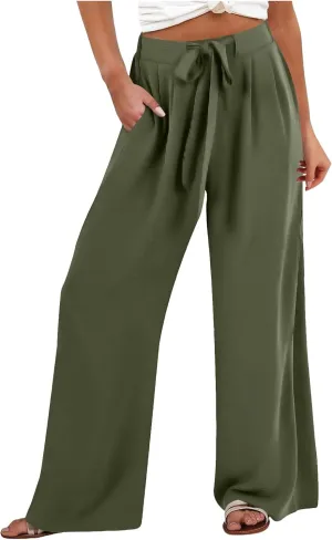 Womens Linene Cotton Pants Drawstring High Waisted Wide Leg Pant Flowy Baggy Summer Trousers with Pockets