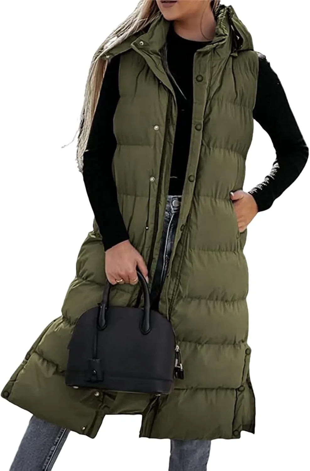 Women's Long Quilted Vest Hooded Sleeveless Button Down Puffer Vest Winter Warm Cotton Padded Coat with Pockets