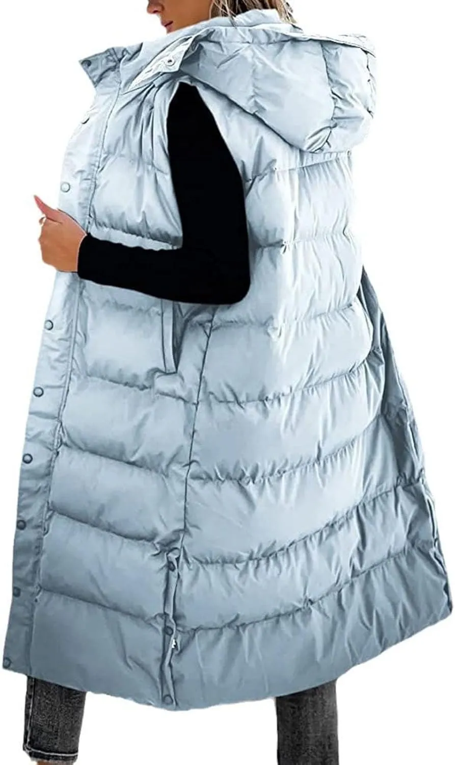 Women's Long Quilted Vest Hooded Sleeveless Button Down Puffer Vest Winter Warm Cotton Padded Coat with Pockets