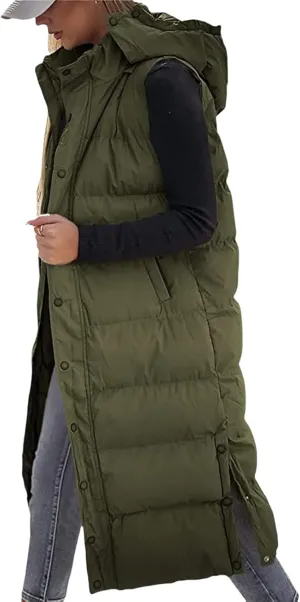 Women's Long Quilted Vest Hooded Sleeveless Button Down Puffer Vest Winter Warm Cotton Padded Coat with Pockets