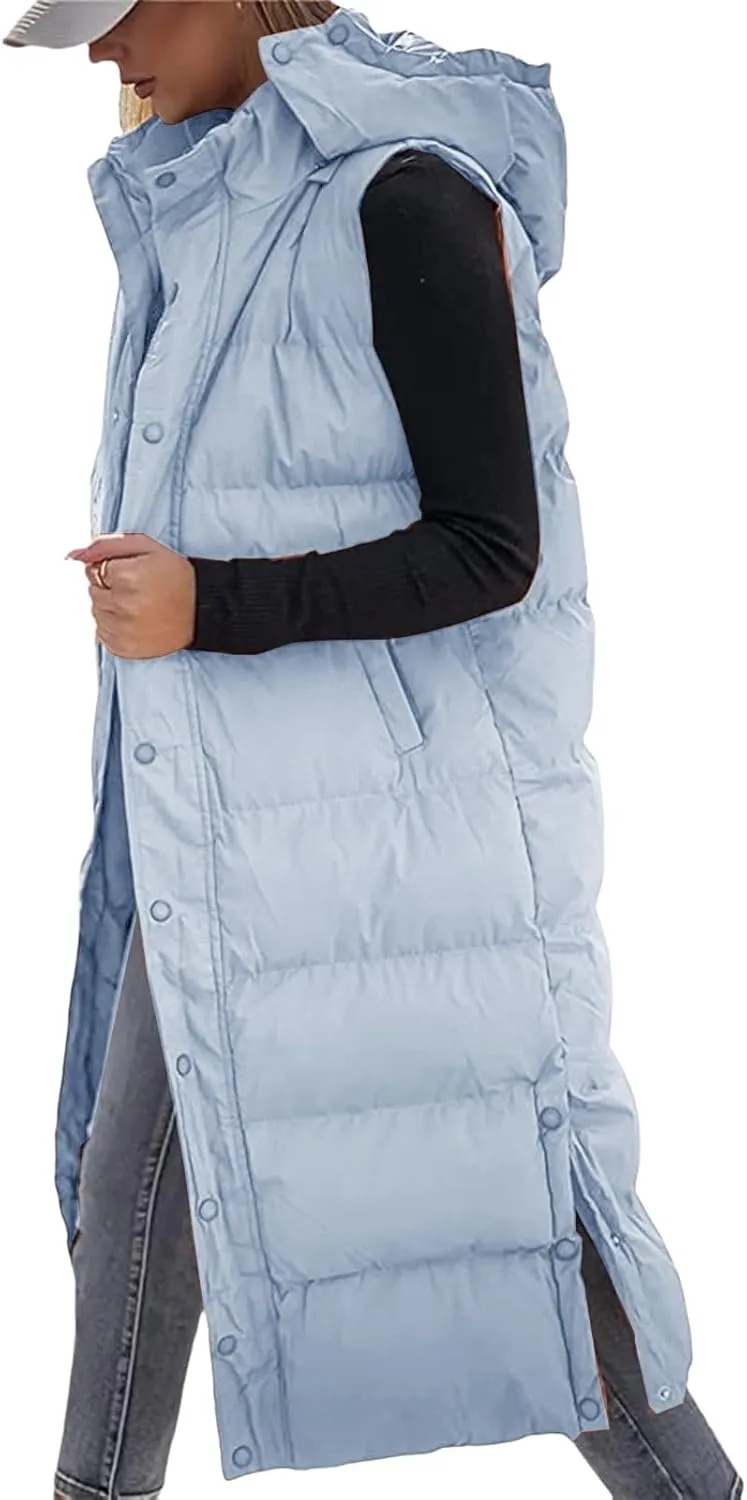 Women's Long Quilted Vest Hooded Sleeveless Button Down Puffer Vest Winter Warm Cotton Padded Coat with Pockets