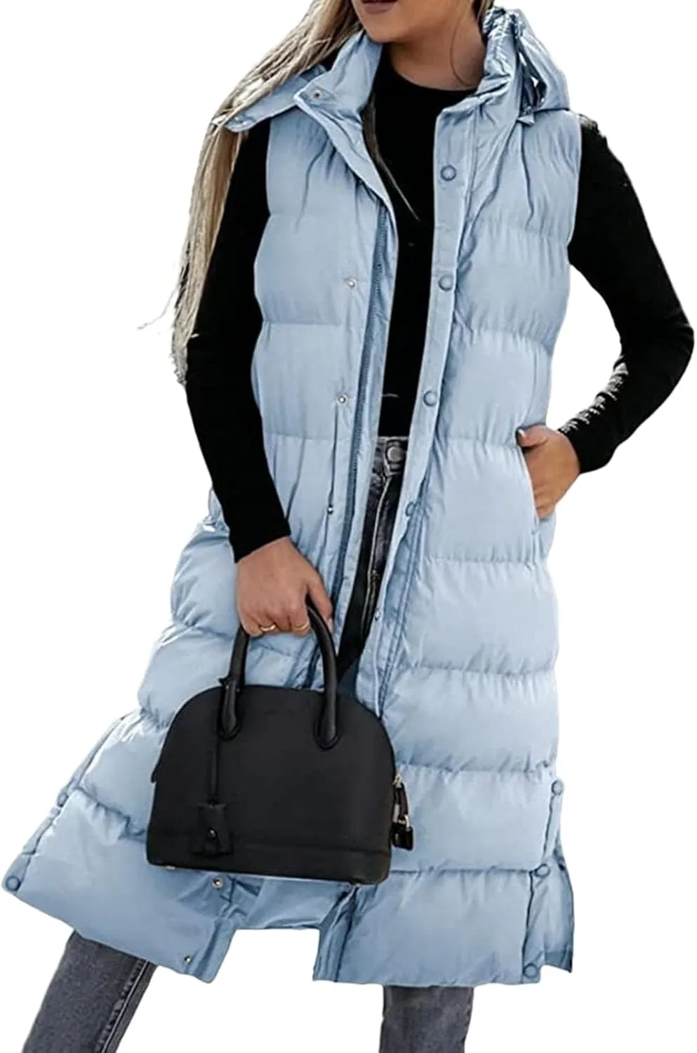 Women's Long Quilted Vest Hooded Sleeveless Button Down Puffer Vest Winter Warm Cotton Padded Coat with Pockets