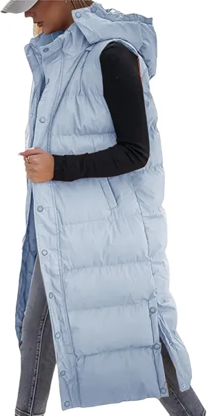 Women's Long Quilted Vest Hooded Sleeveless Button Down Puffer Vest Winter Warm Cotton Padded Coat with Pockets