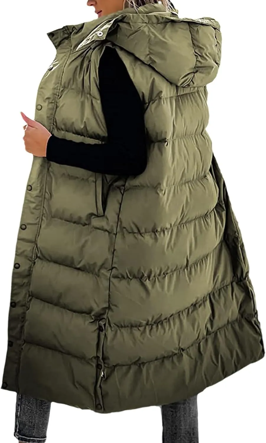 Women's Long Quilted Vest Hooded Sleeveless Button Down Puffer Vest Winter Warm Cotton Padded Coat with Pockets