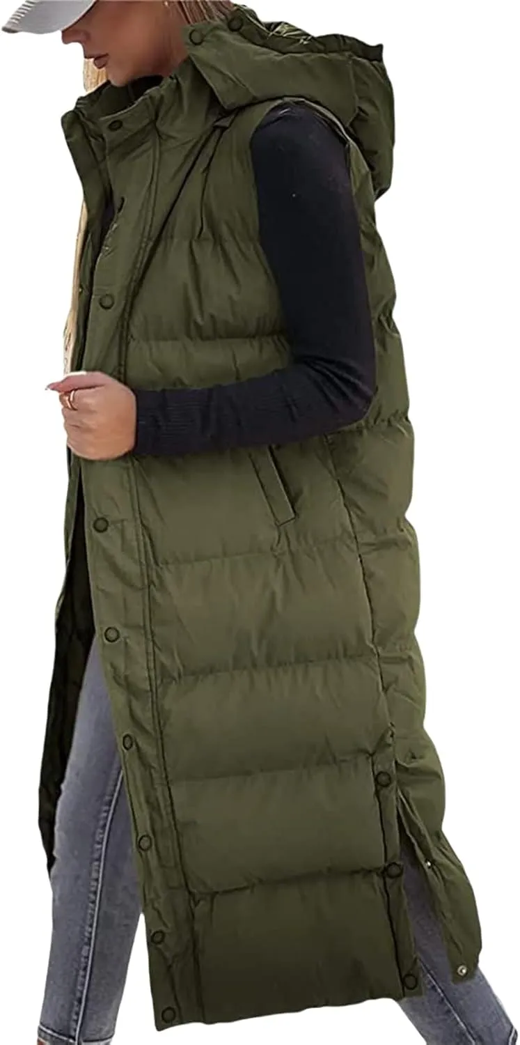 Women's Long Quilted Vest Hooded Sleeveless Button Down Puffer Vest Winter Warm Cotton Padded Coat with Pockets