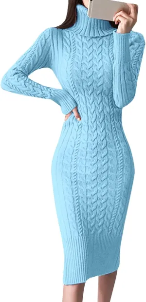 Womens Long Sleeve Turtleneck Sweater Dresses Knitted Bodycon Midi Jumper Fashion Casual Winter Slim Fit Sexy Dresses