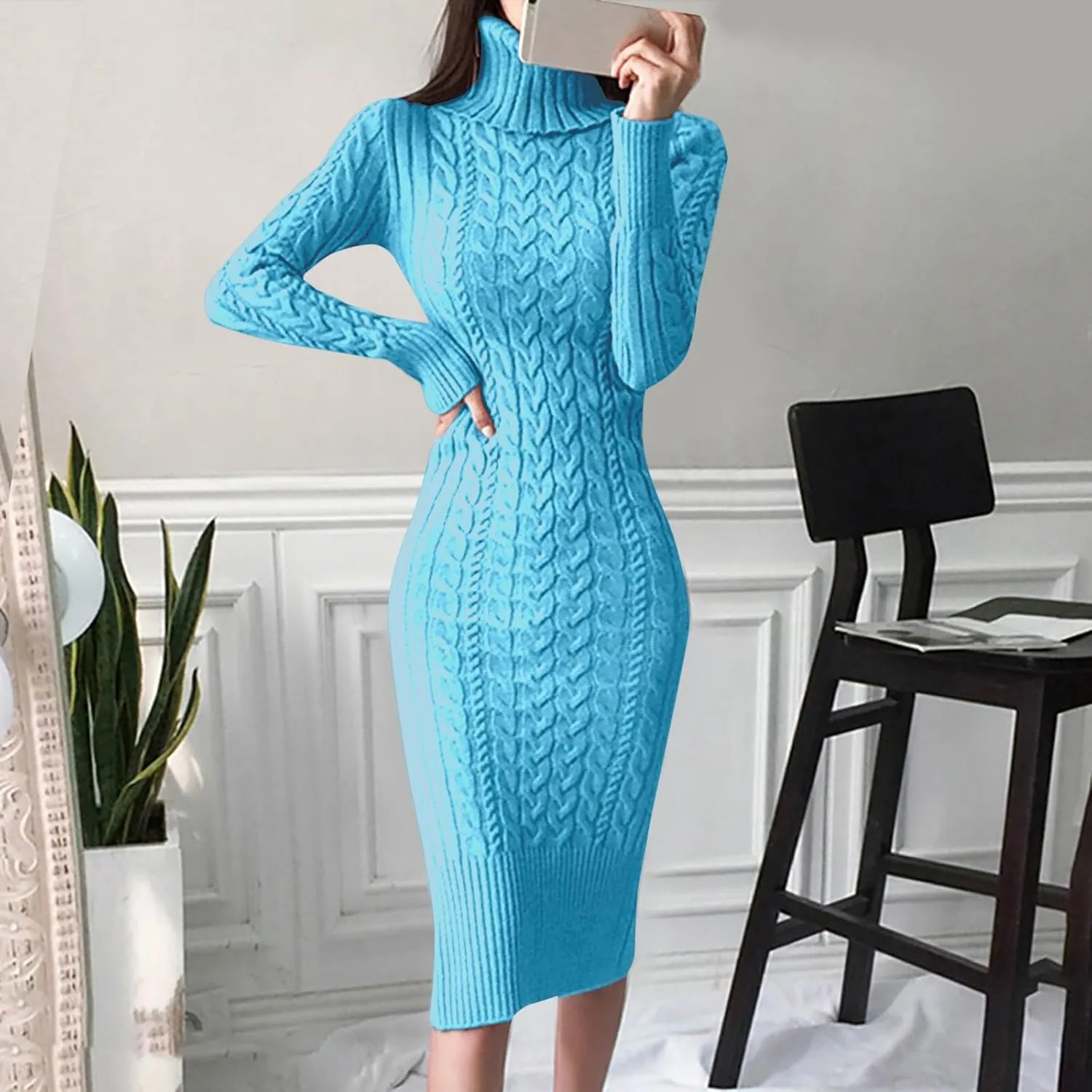 Womens Long Sleeve Turtleneck Sweater Dresses Knitted Bodycon Midi Jumper Fashion Casual Winter Slim Fit Sexy Dresses