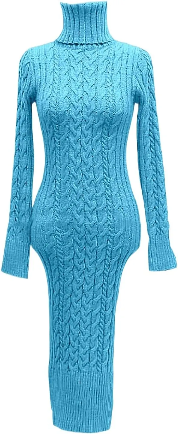 Womens Long Sleeve Turtleneck Sweater Dresses Knitted Bodycon Midi Jumper Fashion Casual Winter Slim Fit Sexy Dresses