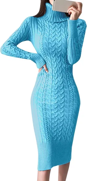 Womens Long Sleeve Turtleneck Sweater Dresses Knitted Bodycon Midi Jumper Fashion Casual Winter Slim Fit Sexy Dresses