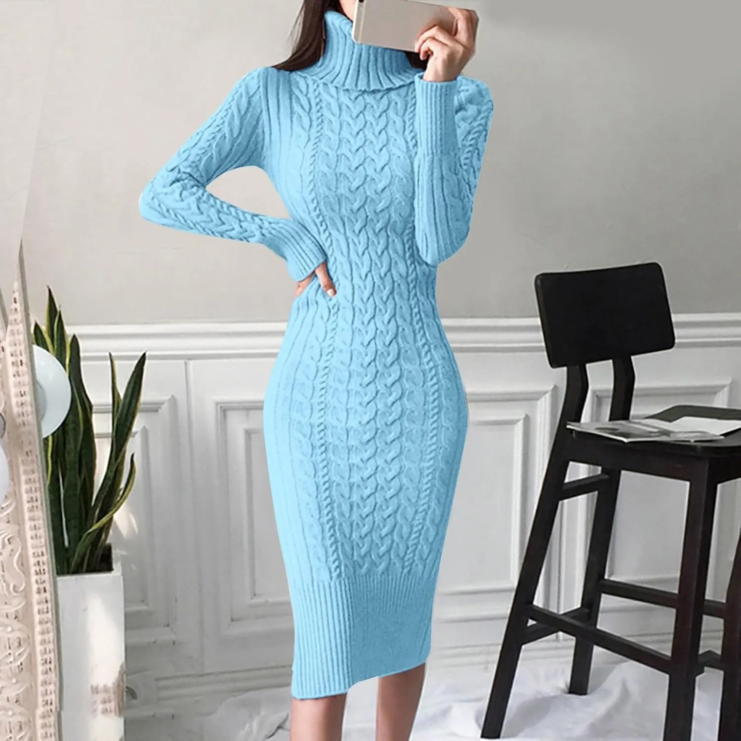 Womens Long Sleeve Turtleneck Sweater Dresses Knitted Bodycon Midi Jumper Fashion Casual Winter Slim Fit Sexy Dresses