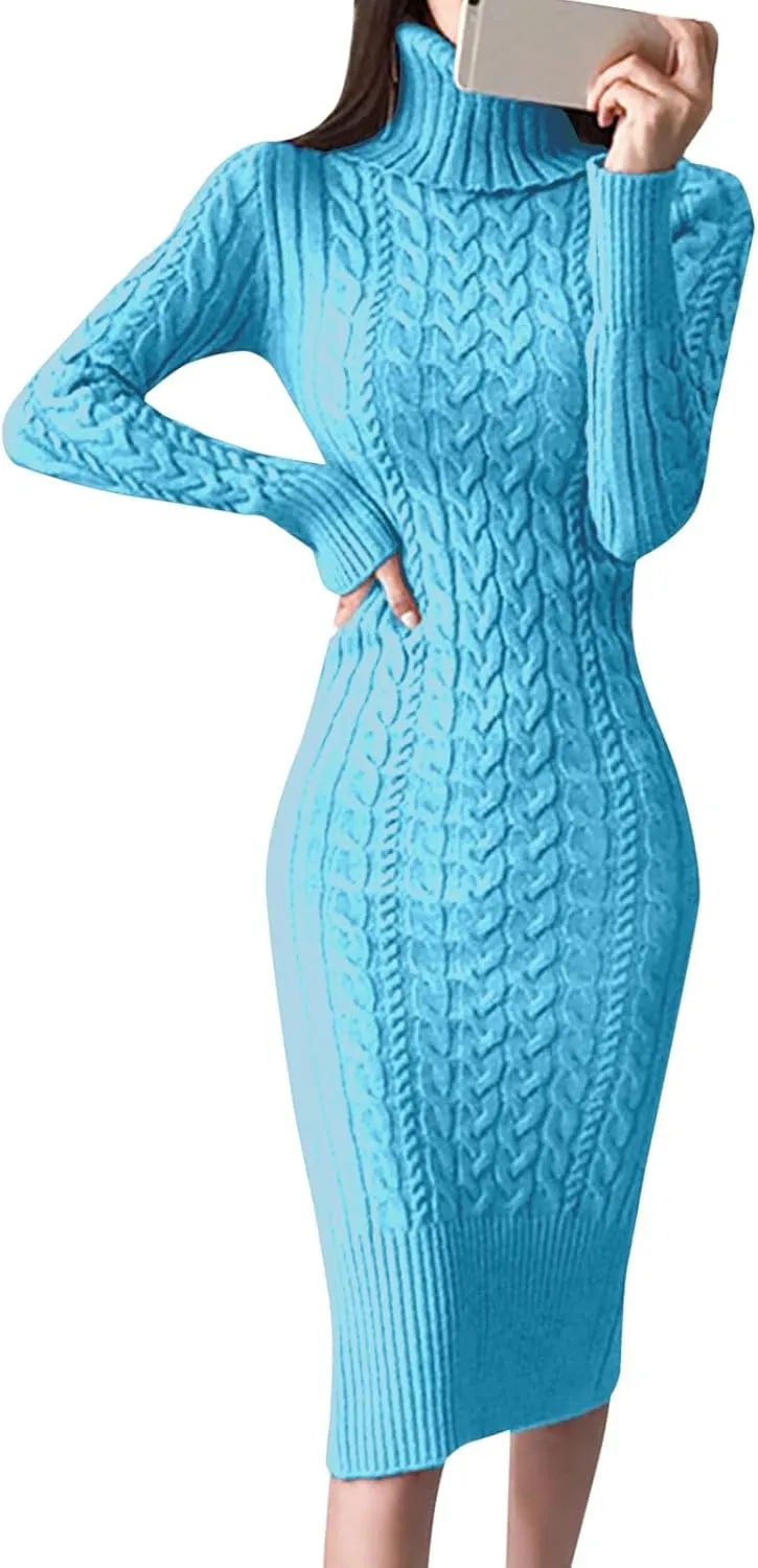 Womens Long Sleeve Turtleneck Sweater Dresses Knitted Bodycon Midi Jumper Fashion Casual Winter Slim Fit Sexy Dresses