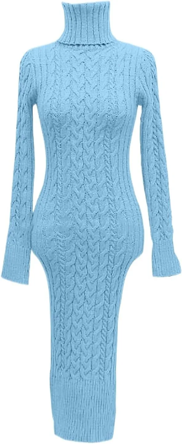 Womens Long Sleeve Turtleneck Sweater Dresses Knitted Bodycon Midi Jumper Fashion Casual Winter Slim Fit Sexy Dresses