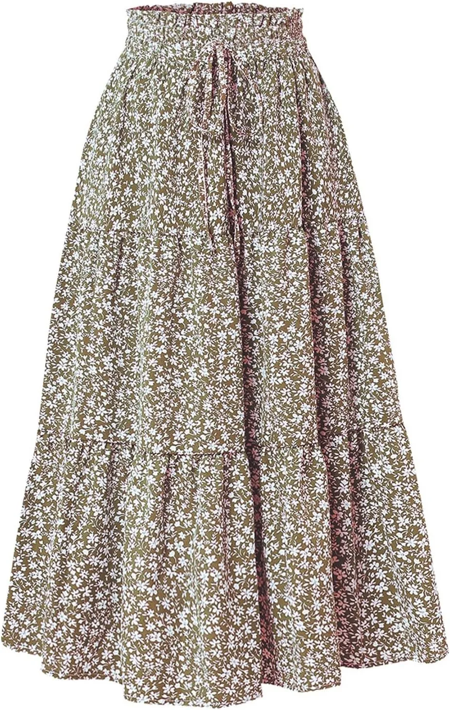 Women's Long Summer Maxi Skirt 2025 Solid Color Floral Elastic Waist A-Line Skirts with Drawstring Loose Skirt