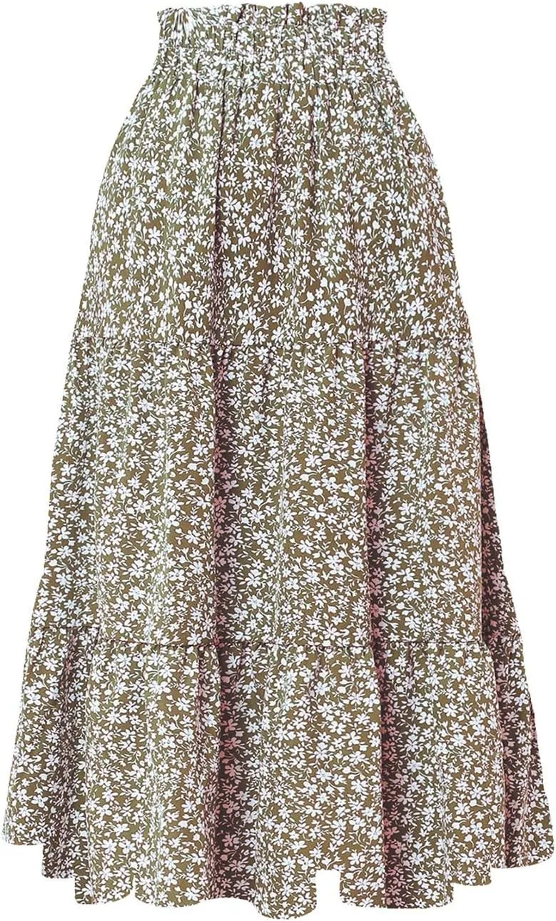 Women's Long Summer Maxi Skirt 2025 Solid Color Floral Elastic Waist A-Line Skirts with Drawstring Loose Skirt