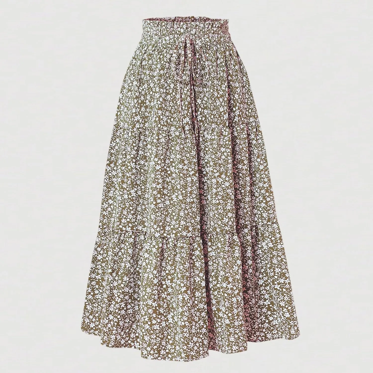 Women's Long Summer Maxi Skirt 2025 Solid Color Floral Elastic Waist A-Line Skirts with Drawstring Loose Skirt