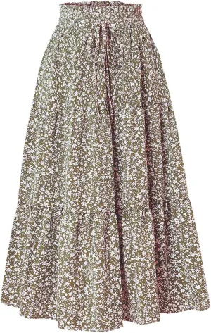 Women's Long Summer Maxi Skirt 2025 Solid Color Floral Elastic Waist A-Line Skirts with Drawstring Loose Skirt