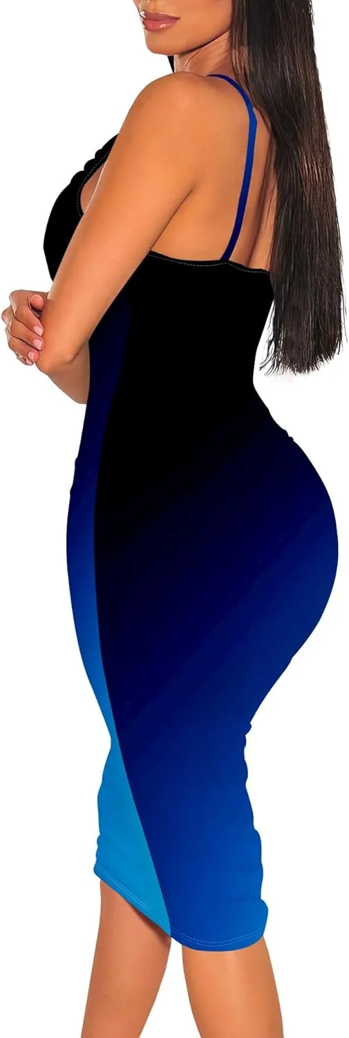 Women's Midi Sexy Bodycon Dress Summer Sundress Sleeveless Spaghetti Strap Stretch Backless Cocktail Party Dresses
