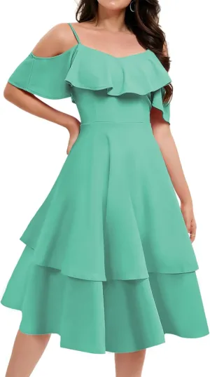 Women's Off Shoulder Bridesmaid Dresses Tiered Ruffle A Line Summer Midi Formal Wedding Guest Dress for Teens