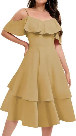 Women's Off Shoulder Bridesmaid Dresses Tiered Ruffle A Line Summer Midi Formal Wedding Guest Dress for Teens