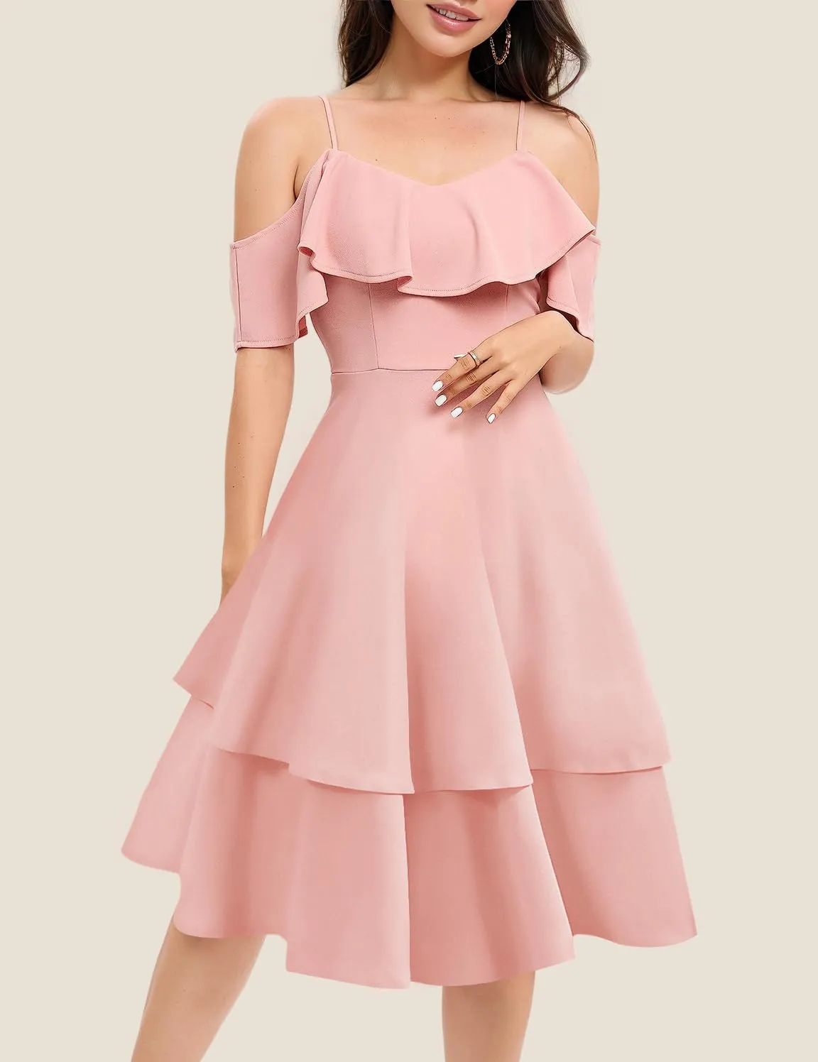 Women's Off Shoulder Bridesmaid Dresses Tiered Ruffle A Line Summer Midi Formal Wedding Guest Dress for Teens
