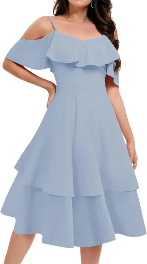 Women's Off Shoulder Bridesmaid Dresses Tiered Ruffle A Line Summer Midi Formal Wedding Guest Dress for Teens