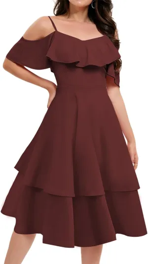 Women's Off Shoulder Bridesmaid Dresses Tiered Ruffle A Line Summer Midi Formal Wedding Guest Dress for Teens