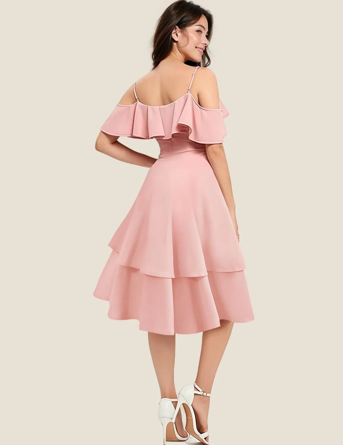 Women's Off Shoulder Bridesmaid Dresses Tiered Ruffle A Line Summer Midi Formal Wedding Guest Dress for Teens