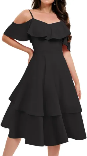 Women's Off Shoulder Bridesmaid Dresses Tiered Ruffle A Line Summer Midi Formal Wedding Guest Dress for Teens