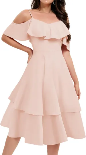 Women's Off Shoulder Bridesmaid Dresses Tiered Ruffle A Line Summer Midi Formal Wedding Guest Dress for Teens