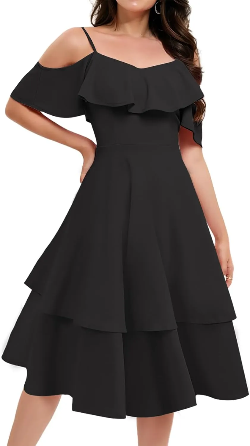 Women's Off Shoulder Bridesmaid Dresses Tiered Ruffle A Line Summer Midi Formal Wedding Guest Dress for Teens