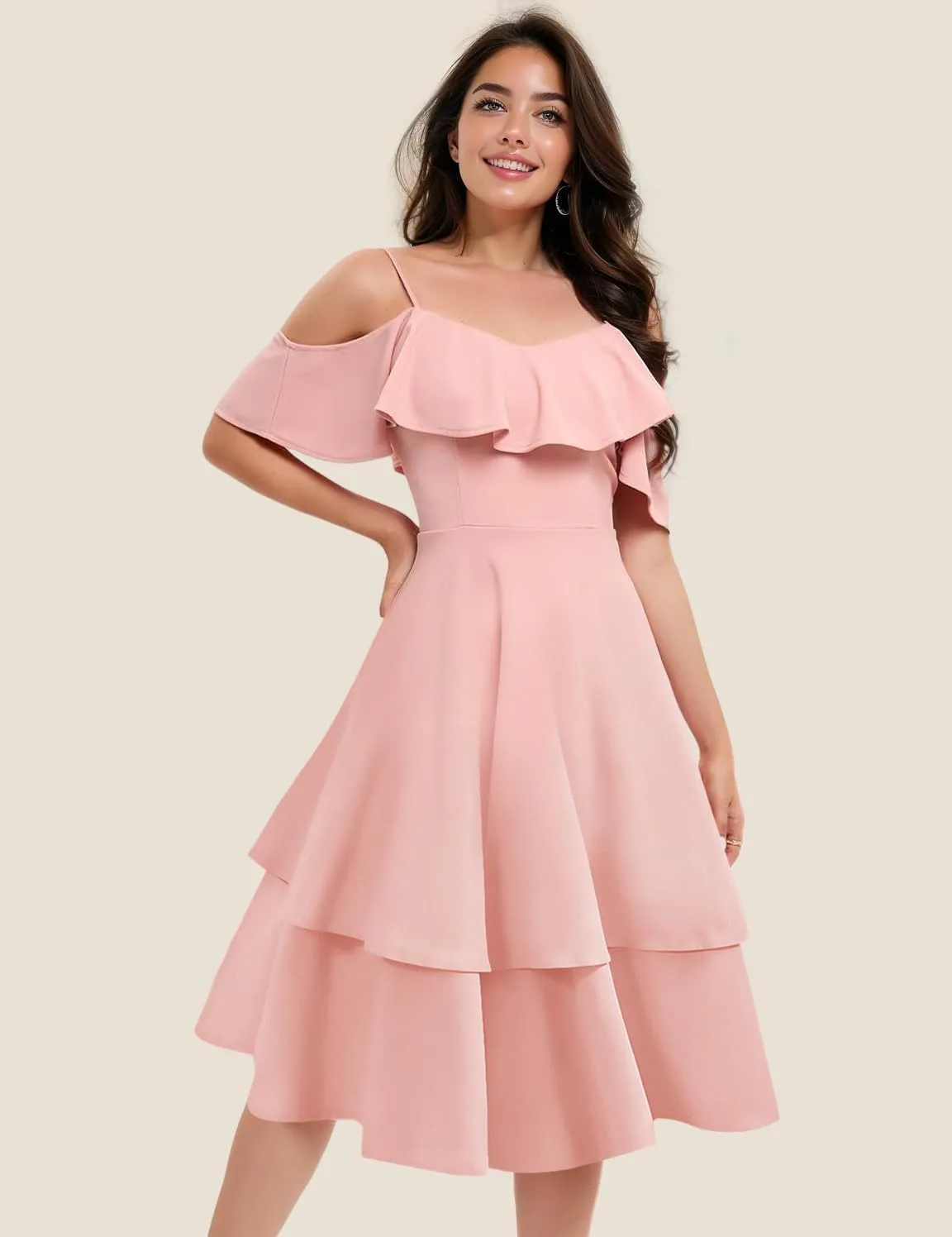 Women's Off Shoulder Bridesmaid Dresses Tiered Ruffle A Line Summer Midi Formal Wedding Guest Dress for Teens