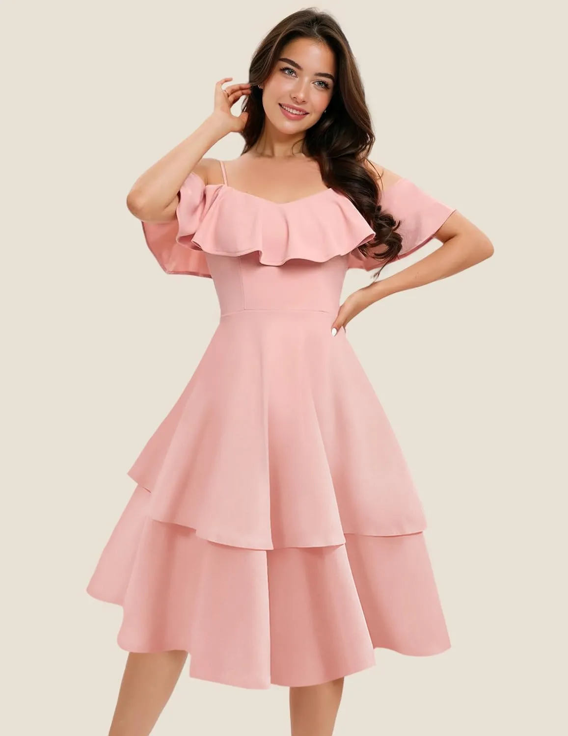 Women's Off Shoulder Bridesmaid Dresses Tiered Ruffle A Line Summer Midi Formal Wedding Guest Dress for Teens