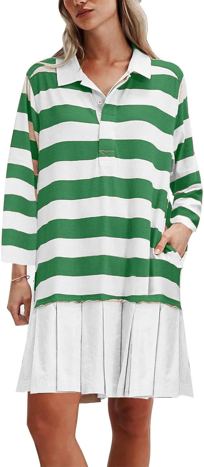 Womens Oversize Fall Sweatshirt Dresses Long Sleeve Lapel mini Dresses Ruched Loose Fitting Pleated Shirt Dresses