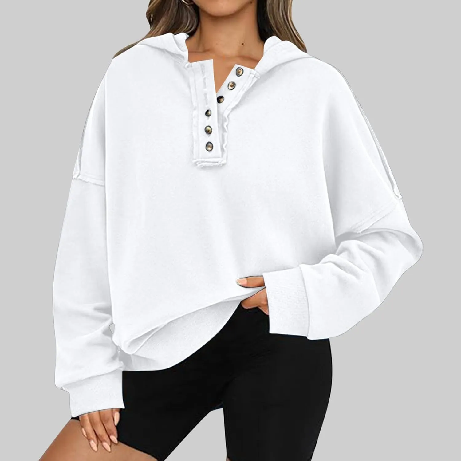 Womens Oversized Sweatshirt Long Sleeve V Neck Button Hoodie Casual Loose Fit Lightweight Sweatshirt Pullover Tops