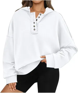 Womens Oversized Sweatshirt Long Sleeve V Neck Button Hoodie Casual Loose Fit Lightweight Sweatshirt Pullover Tops