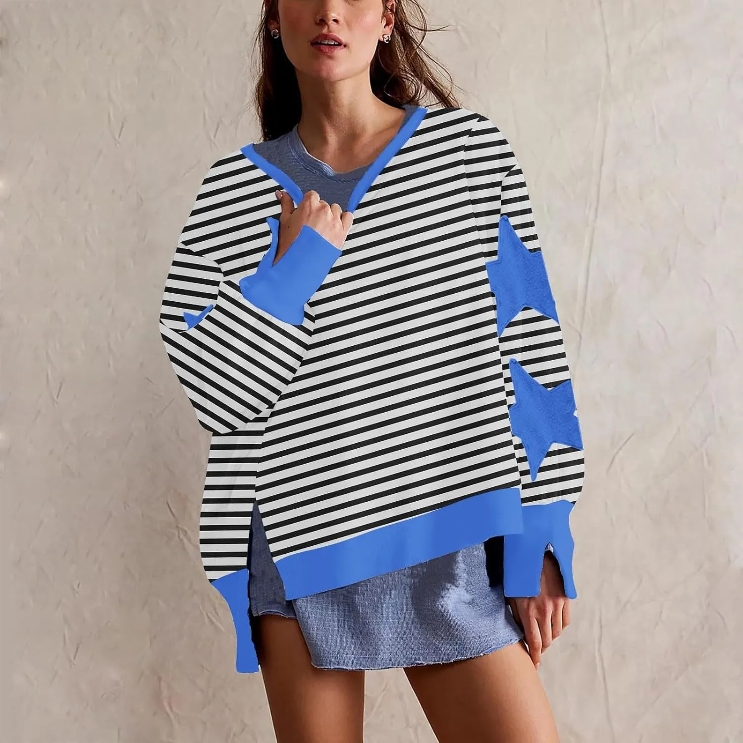 Womens Oversized Sweatshirts Y2k Star Striped Long Sleeve Crewneck Pullover Side Slit Sweatshirt for Teen Girls