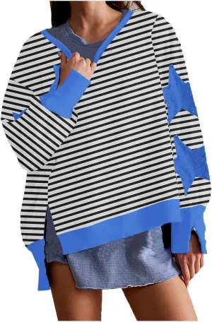 Womens Oversized Sweatshirts Y2k Star Striped Long Sleeve Crewneck Pullover Side Slit Sweatshirt for Teen Girls