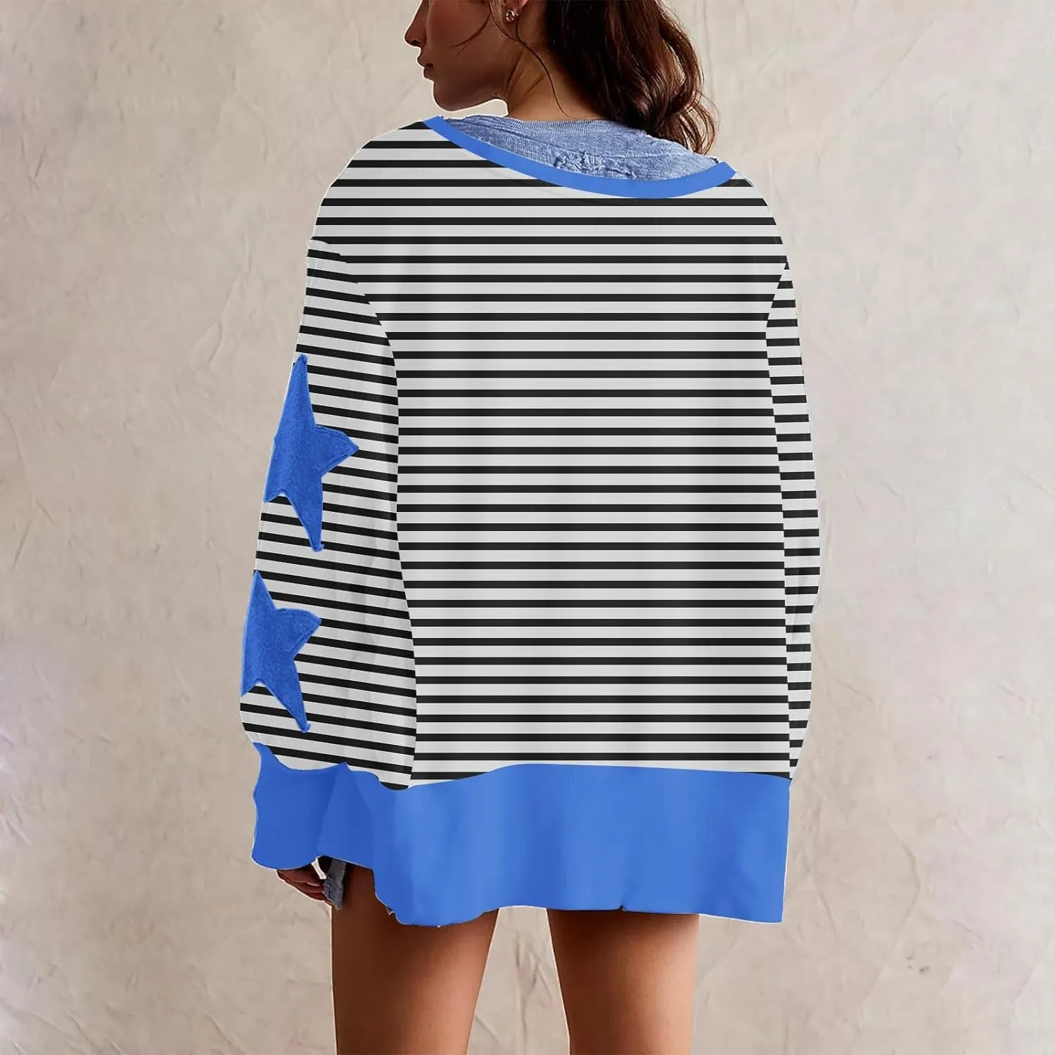 Womens Oversized Sweatshirts Y2k Star Striped Long Sleeve Crewneck Pullover Side Slit Sweatshirt for Teen Girls
