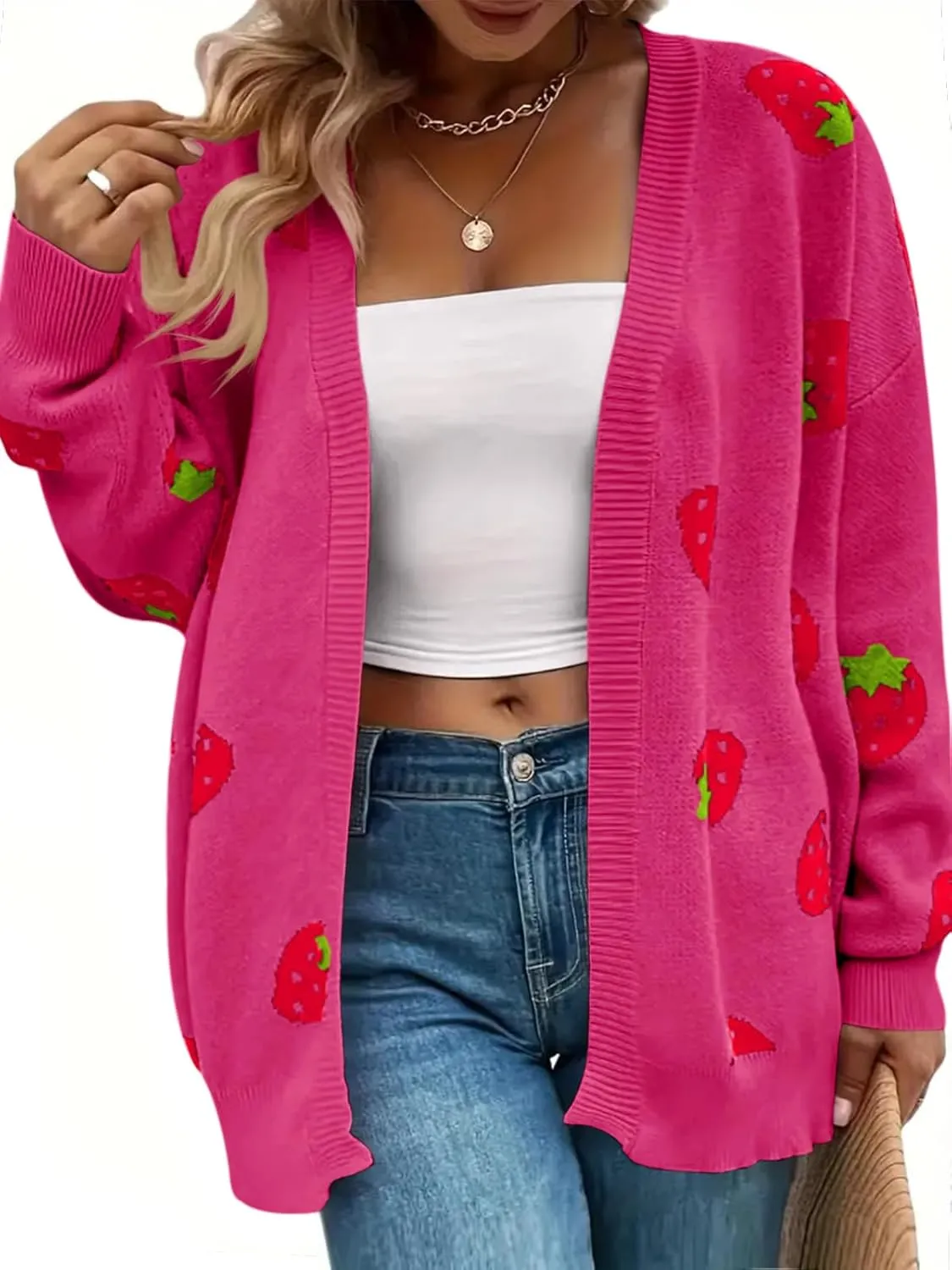 Women's Plus Size Strawberry Floral Print Long Sleeve Open Front Knit Cardigan Sweater