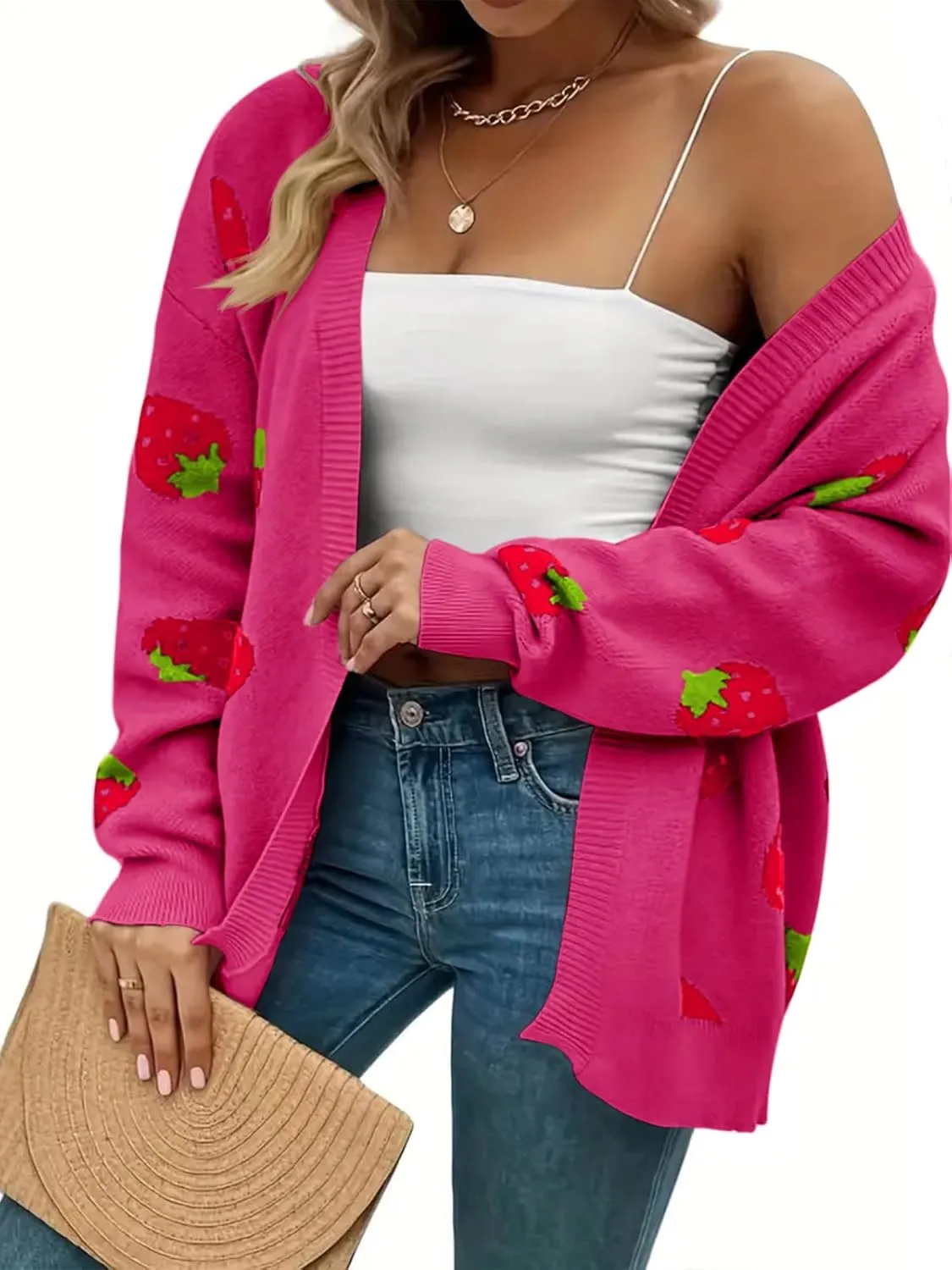 Women's Plus Size Strawberry Floral Print Long Sleeve Open Front Knit Cardigan Sweater