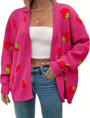 Women's Plus Size Strawberry Floral Print Long Sleeve Open Front Knit Cardigan Sweater